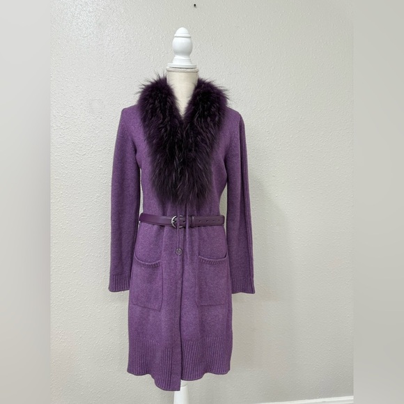 Escada Purple Wool Raccoon Fur Collar Detail Cardigan Size 34 Small - Picture 1 of 15